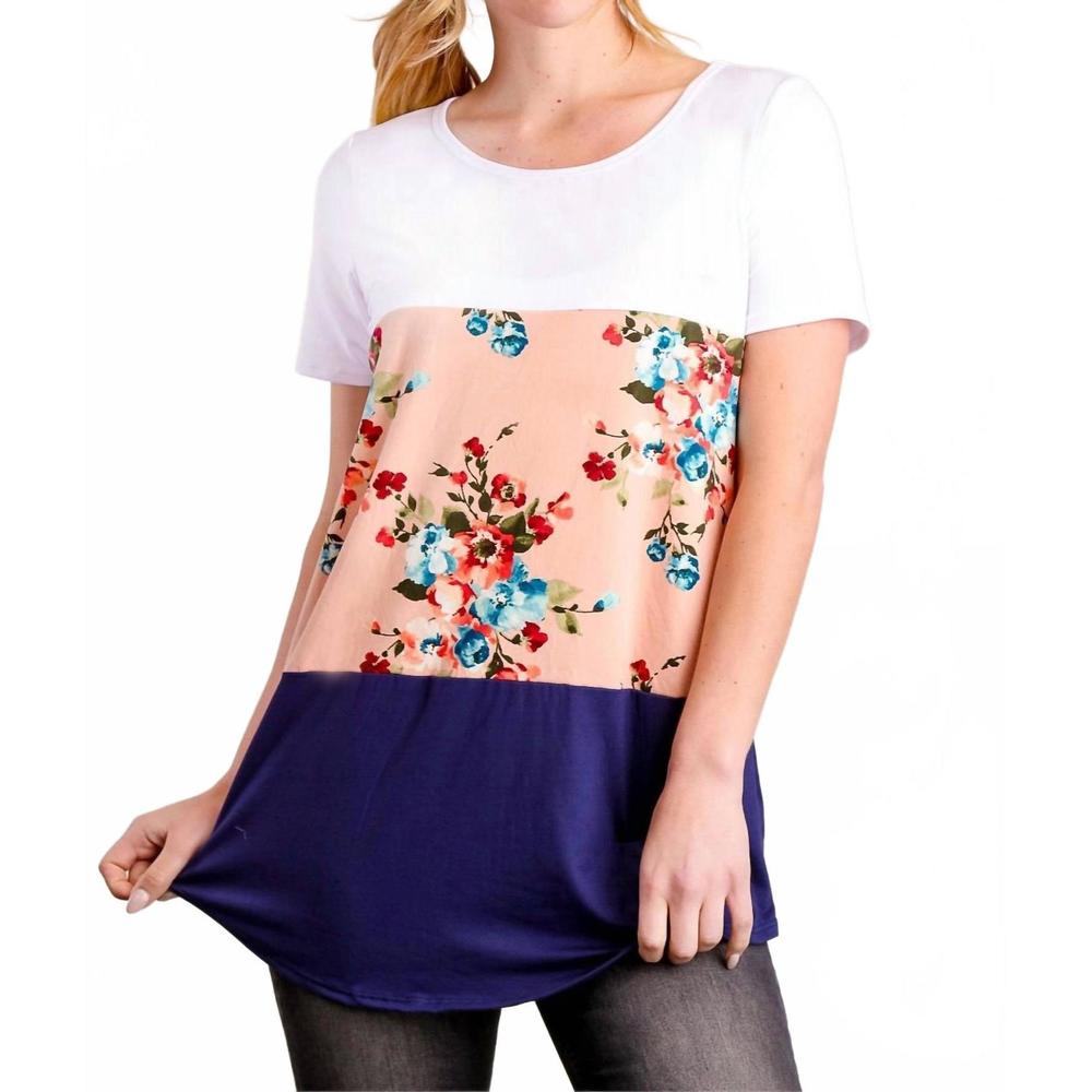 NEW SIMPLY RUBY color block floral long tee in multicolor
